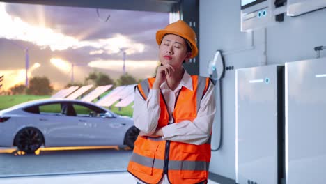 asian female engineer with safety helmet thinking about something and looking around with home energy storage system in a modern garage