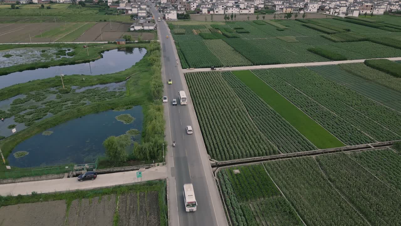 중국 유난 지방 다리 (dali) 의 광활한 농작물  속에서 가운 자동차 교통의 항공 영상.
