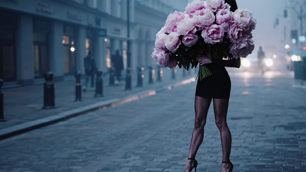 Woman in a short black dress is holding a large bouquet of pink peonies, partially obscuring her face, in a city street with blurred background traffic and pedestrians