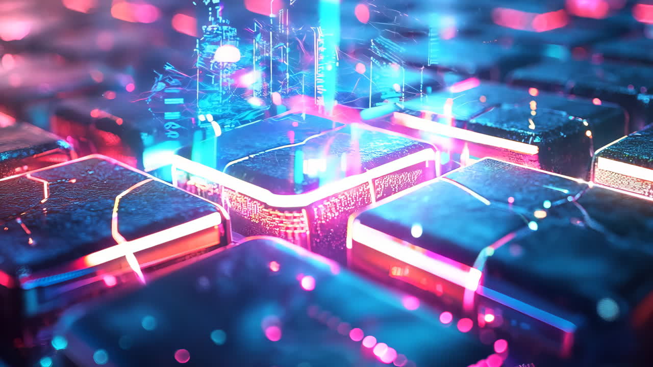 A close up of a blue and purple image of a bunch of cubes. The cubes are all different sizes and are scattered throughout the image. The image has a futuristic and abstract feel to it, with the blue