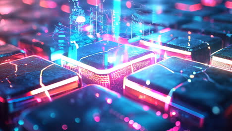 a close up of a blue and purple image of a bunch of cubes. the cubes are all different sizes and are scattered throughout the image. the image has a futuristic and abstract feel to it, with the blue