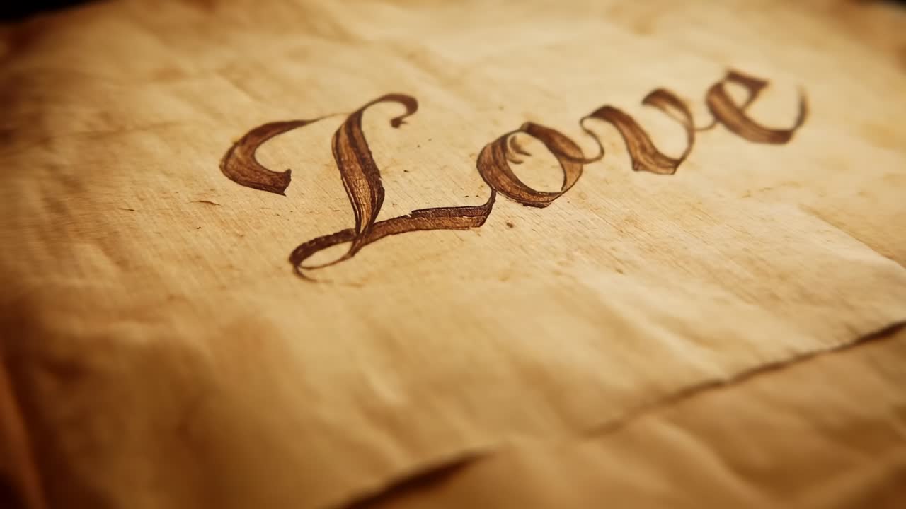 Allontanamento della camera che rivela una pergamena antica sulla scrivania, che mostra la scritta a mano Amore per una messa a fuoco nitida