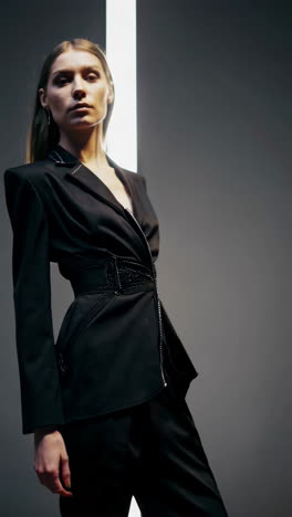 woman in black blazer with dramatic lighting