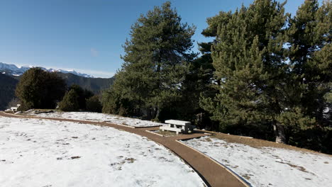 Aerial-view-following-the-marked-path-alongside-the-snowy-ground-and-the-trees-in-the-mountains-of-La-Cerdanya