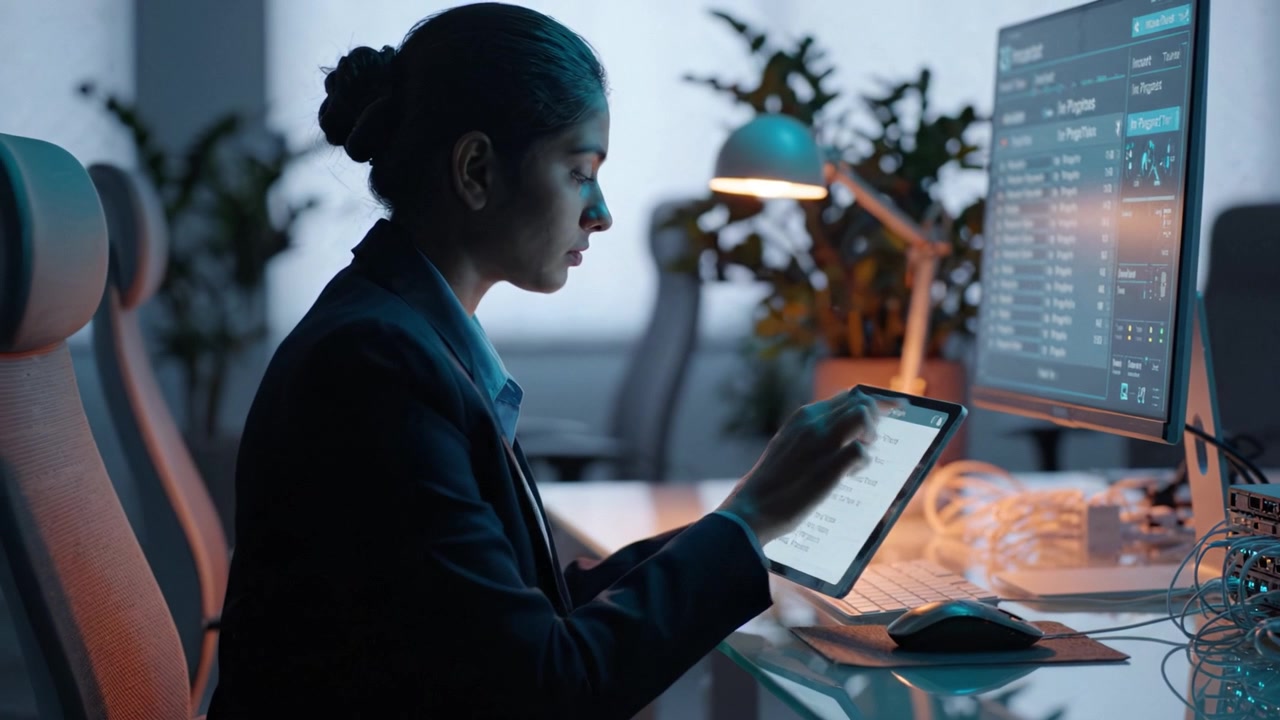 Focused professional woman engaged in digital work, utilizing a tablet while seated at a modern desk with computer and ambient lighting in a contemporary office.