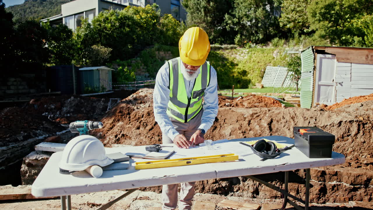 Construction site engineer reviewing blueprints