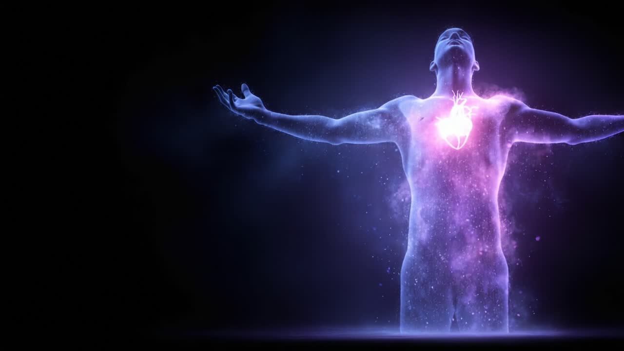 Un despertar celestial: Una figura etérea que se eleva con un corazón radiante, simbolizando la transformación espiritual y la energía cósmica, abrazada por el universo.