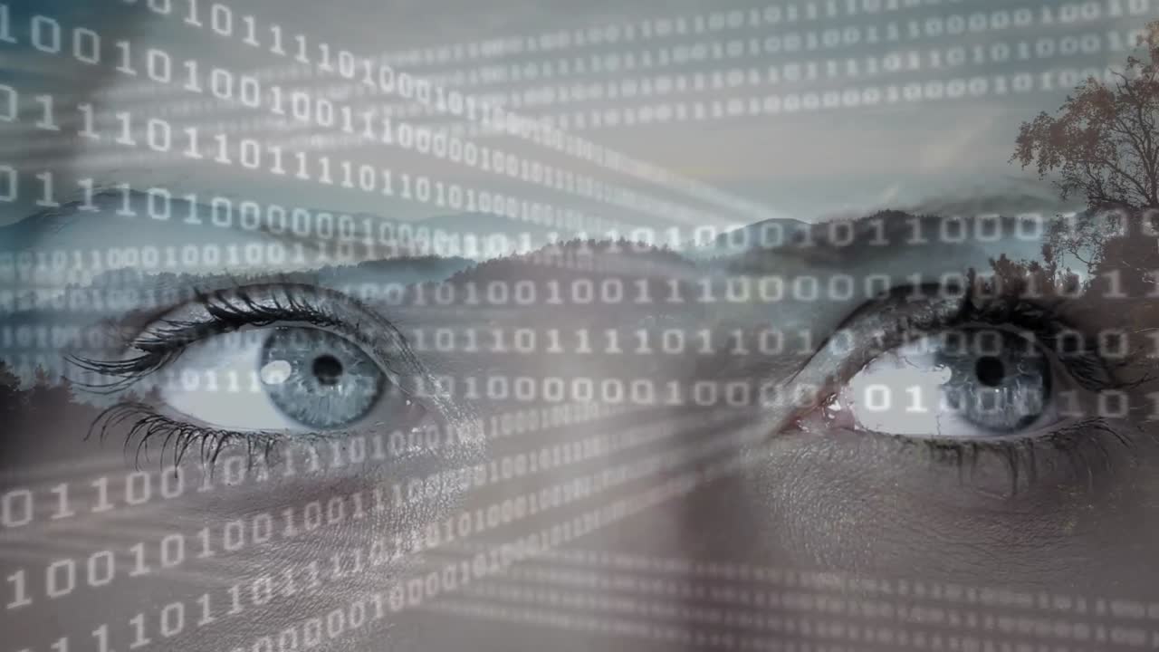 animación de codificación binaria y paisaje sobre los ojos