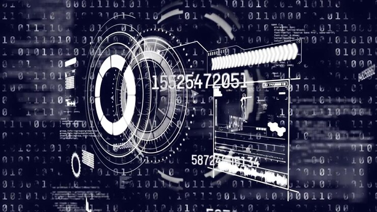 Animation of processing circle over binary code on navy background