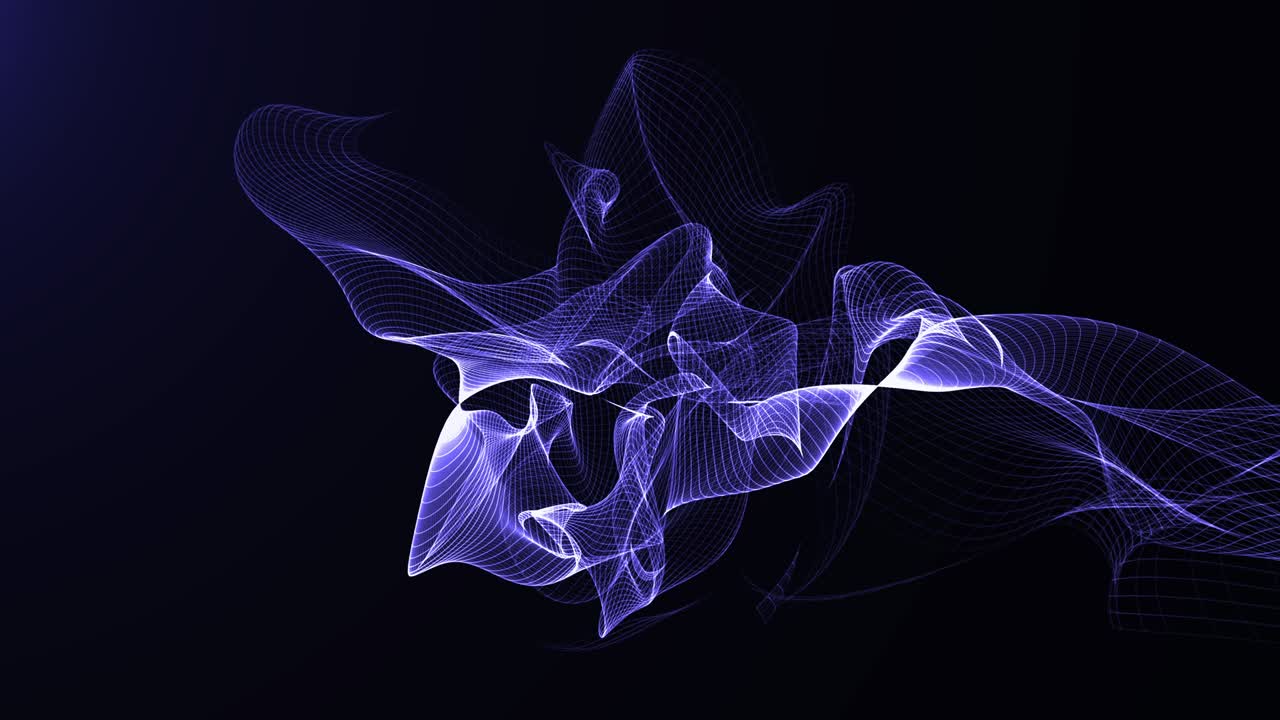 Violet mesh transformed floating shape in the space. Abstract gas, smoke, fluid morphing in distortions on a dark background