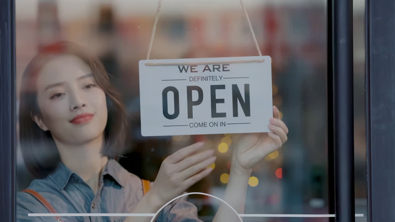 Smiling business owner attractive woman or waitress in apron hanging we're open sign on front door smiling welcoming clients to new shop. Business, people and youth concept