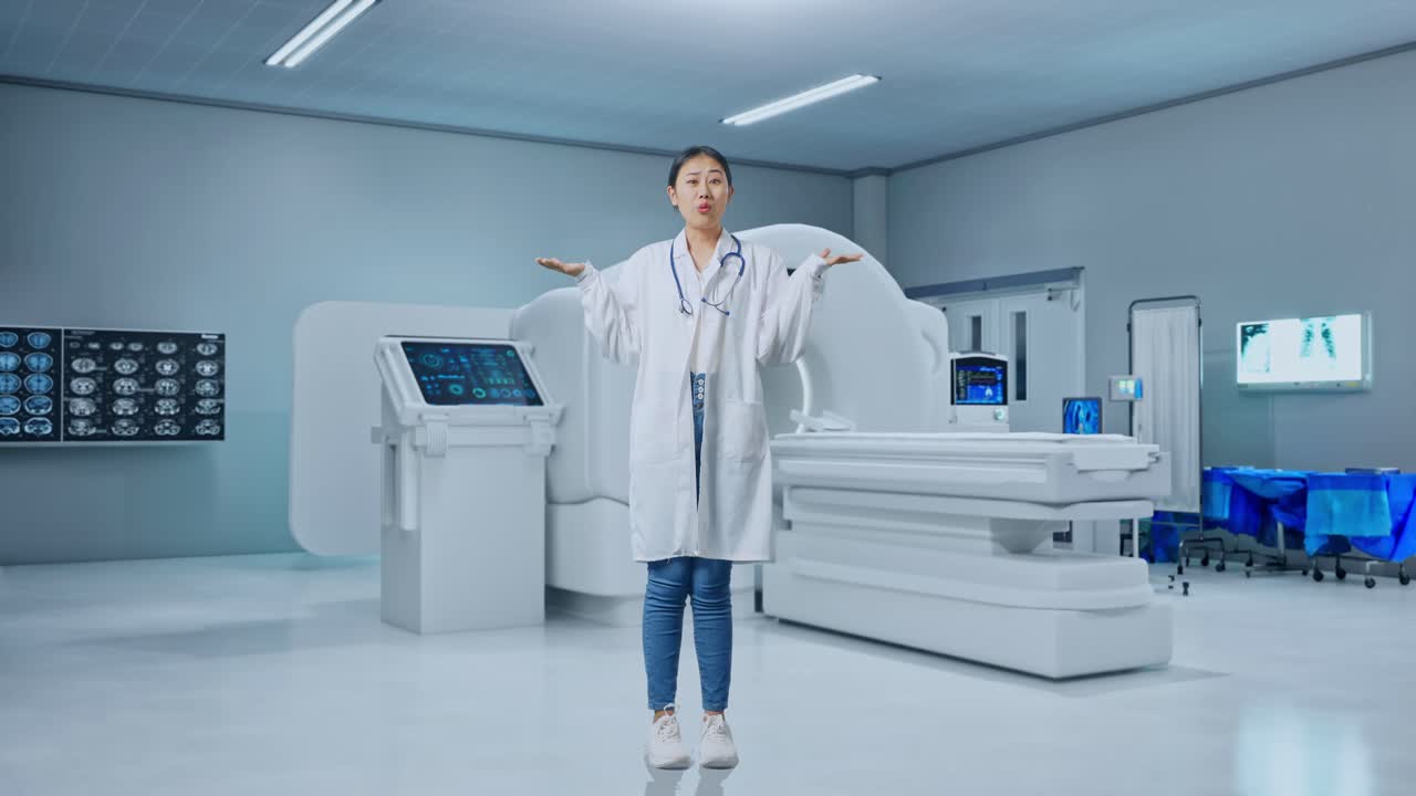Full Body Of Asian Woman Doctor With Stethoscope Showing Puzzled Gesture And Saying What With Mri Machine In The Hospital