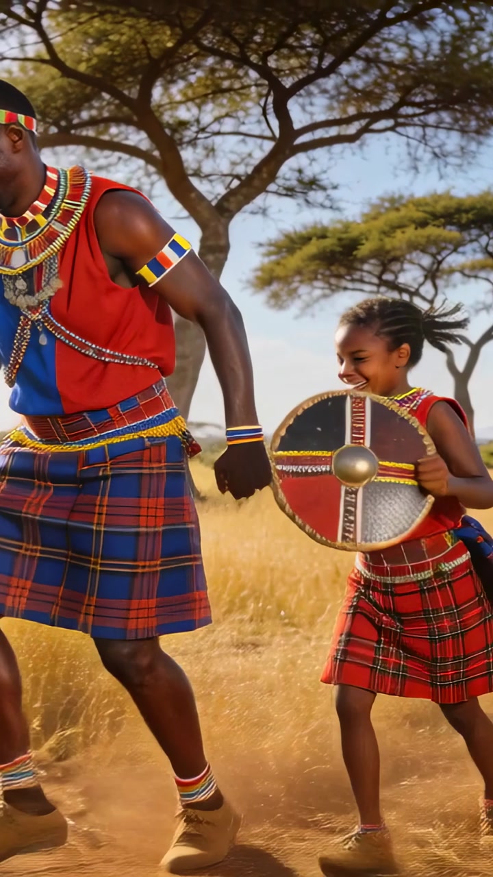 Vertical video: Holding girl's hand, man running for fun on savanna in wraps and beads with shield