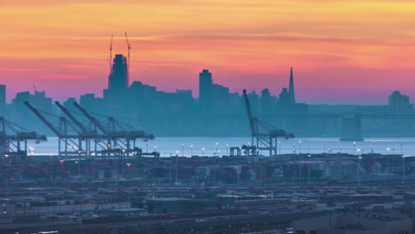 beautiful timelapse of colorful golden sky over san francisco port with skyline silhouette at sunset, usa