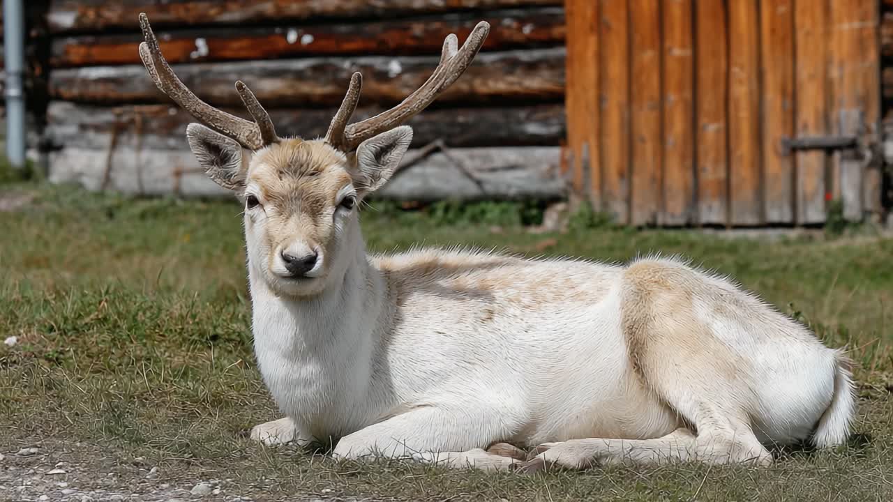 Majesteettinen valkopeura lepäämässä luonnollisessa elinympäristössä, esitellen sarviaan ja lempeitä piirteitään vihreän ruohon ja maalaismaisen taustan keskellä