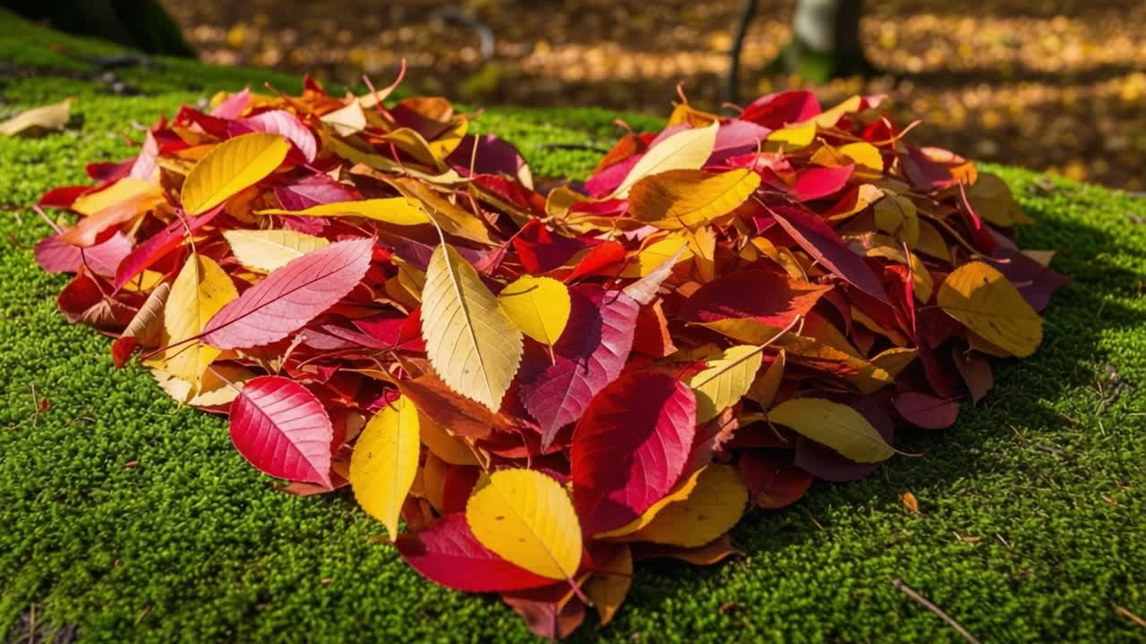 A Heart-Shaped Arrangement of Colorful Autumn Leaves on a Lush Green Mossy Surface, Emphasizing the Beauty and Warmth of Fall in Nature's Artwork