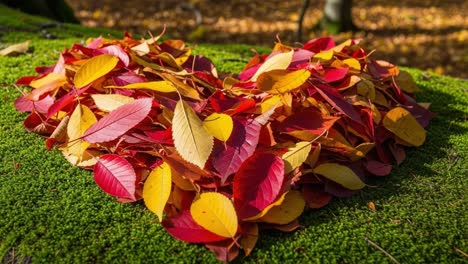 A Heart-Shaped Arrangement of Colorful Autumn Leaves on a Lush Green Mossy Surface, Emphasizing the Beauty and Warmth of Fall in Nature&#039;s Artwork
