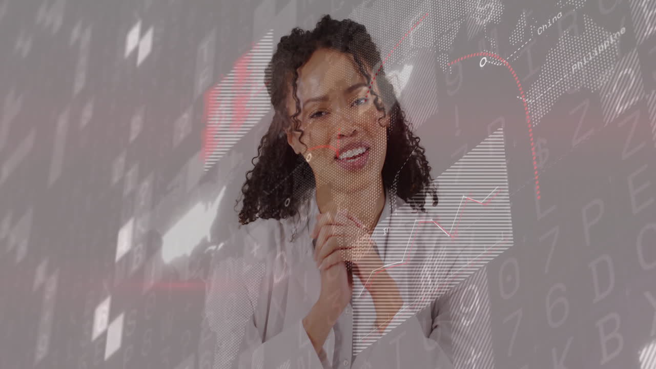 Smiling woman in lab coat with financial data animation overlay