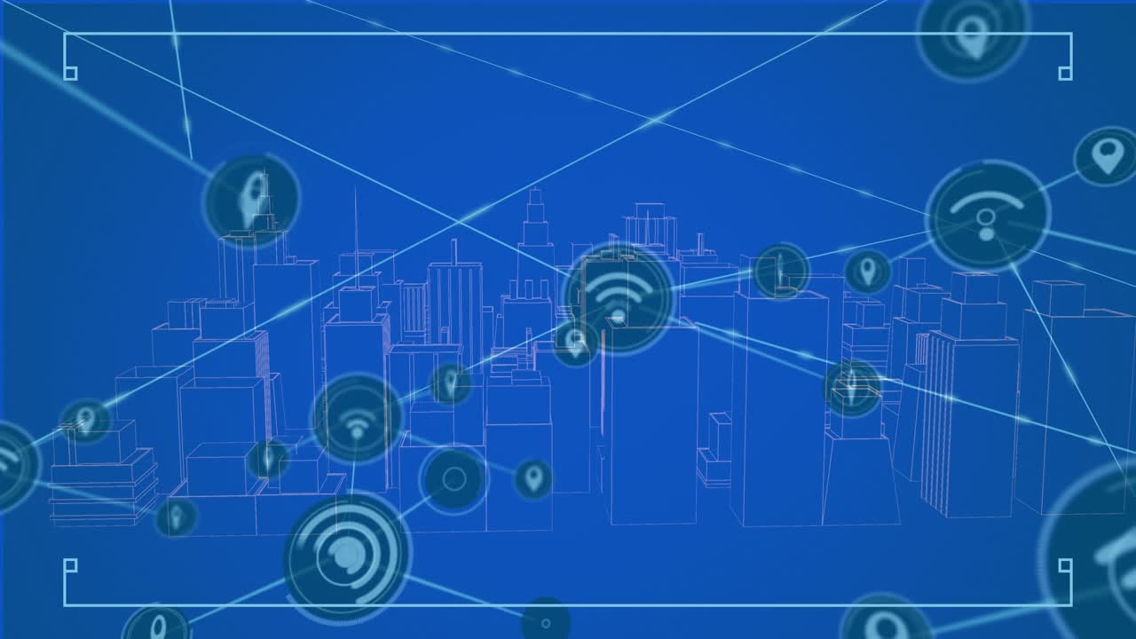 Animation of network of digital icons over spinning 3d city model against blue background
