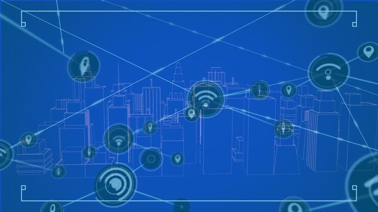 Animazione di rete di icone digitali su modello 3D di città rotante su sfondo blu