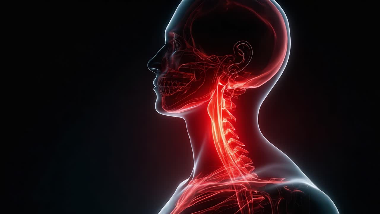 Rappresentazione anatomica dettagliata del collo umano e delle strutture cervicali che mostra caratteristiche vascolari e scheletriche in una visualizzazione accattivante e potenziata dalla luce.