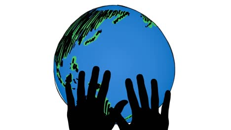 animation of hands over globe on white background