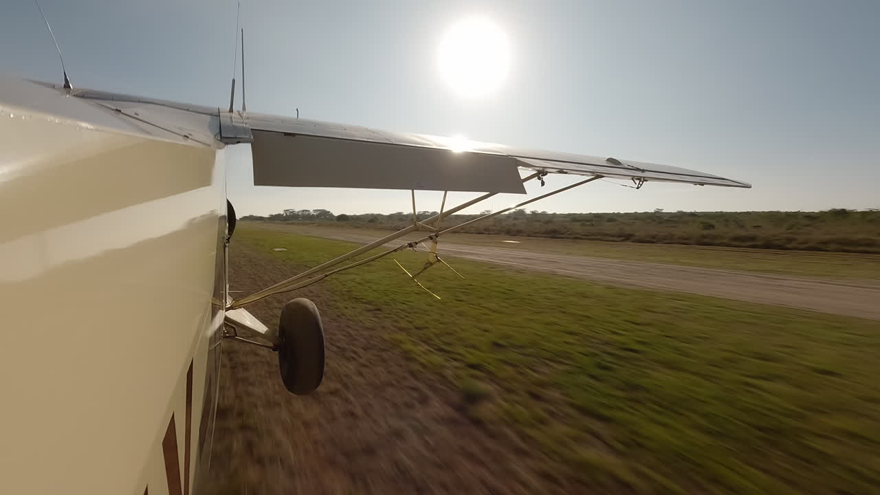Seitenansicht eines kleinen Flugzeugs bei der Landung auf einer grasbewachsenen Landebahn.