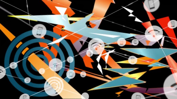 Animation of network of connections with icons and abstract shapes on black background