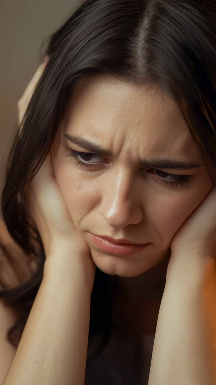 Vertical video: Starting woman pressing cheeks shedding tear lifting gaze in room showing sorrow