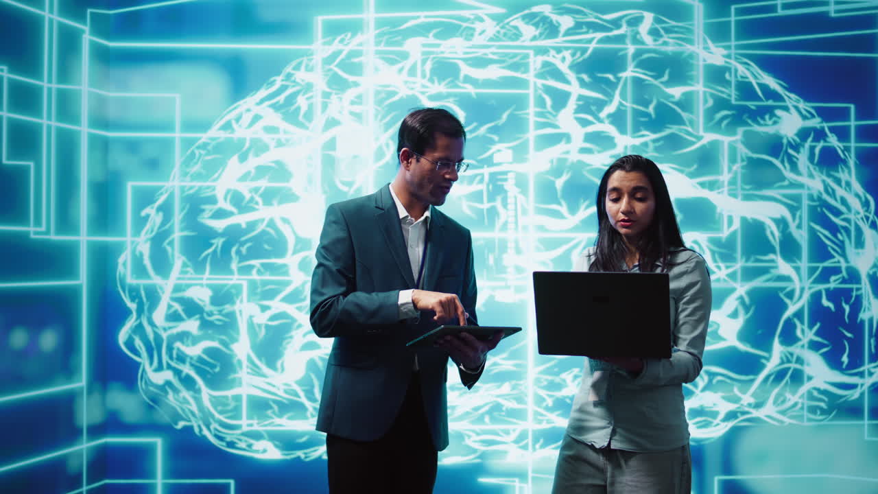 Coworkers using AI neural networks modeled after human brain, brainstorming