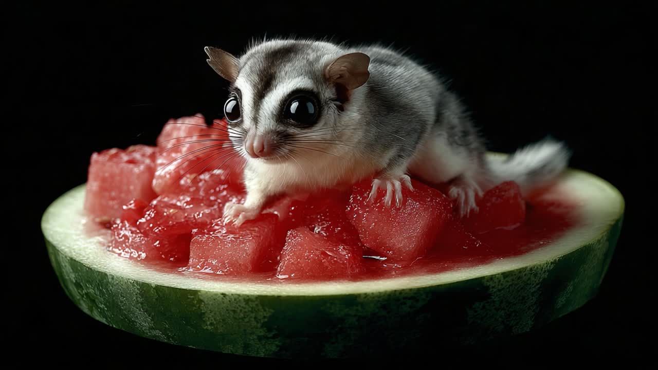 A Playful Sugar Glider Enjoying a Delicious Watermelon Slice with Juicy Cubes, Captured in Stunning Detail Against a Dark Background