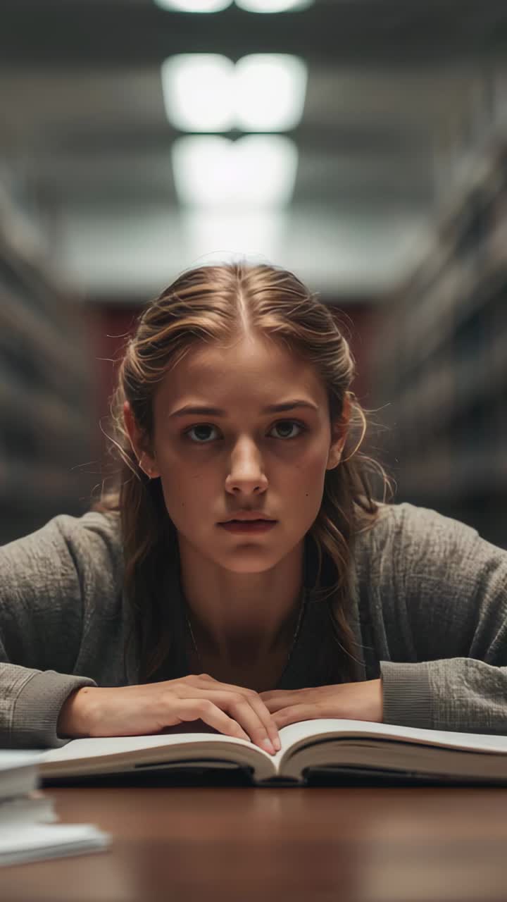 Vertical video: Camera closing in, student sitting library touching open book studying in sweater