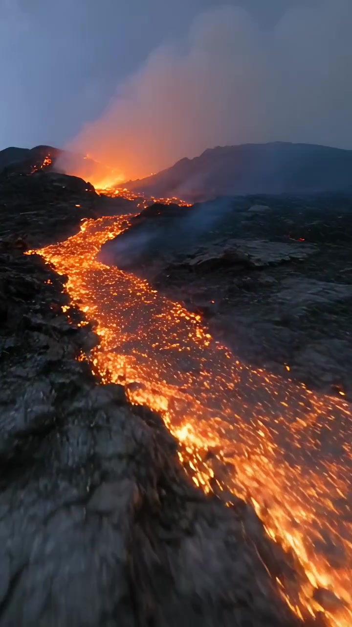Vertical video: Flowing lava river moving to camera from erupting vent at dusk, lightning streaking
