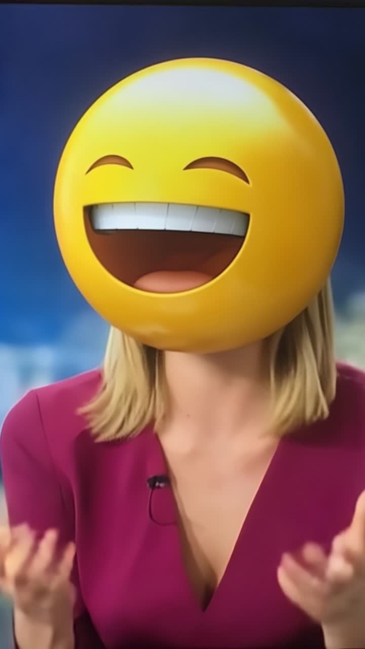 Un presentatore di notizie vivace ed espressivo con una faccia da emoji allegra, che mostra umorismo e positività mentre interagisce con il pubblico durante un vivace segmento di trasmissione