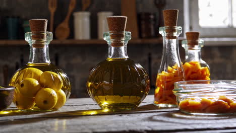 vintage kitchen with olive oil and candied fruit