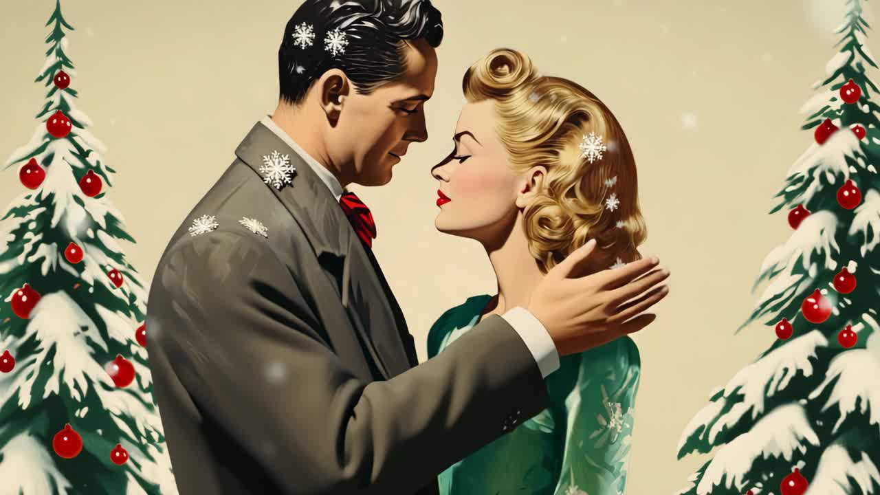 Retro holiday romance with a vintage style, featuring a close-up angle of a couple surrounded