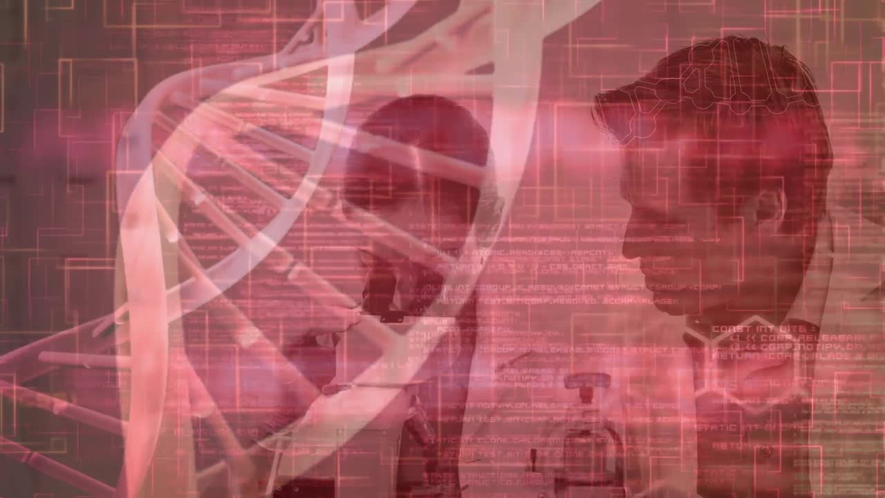 dna 나선 회전 및 프로그래밍 언어의 애니메이션은 병원에서 토론하는 의사들을 통해 순환합니다.