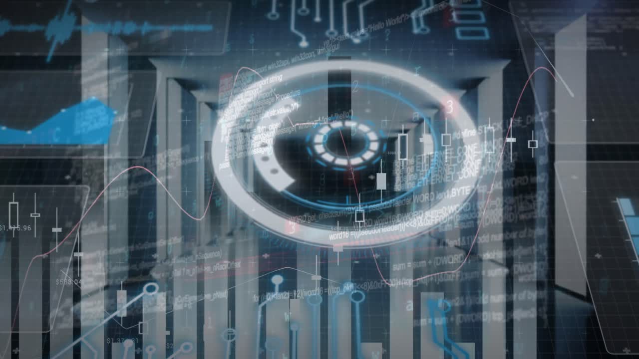 animación del escaneo del alcance y el procesamiento de datos en la sala técnica con servidores informáticos