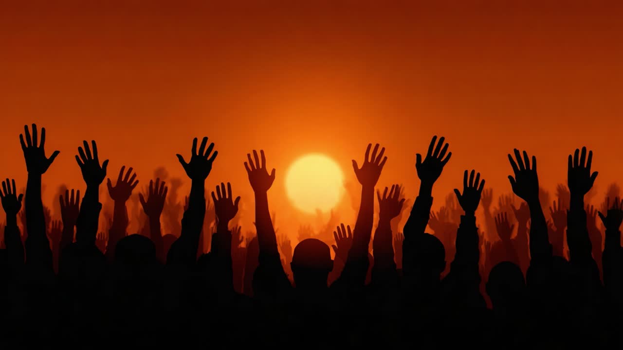 A Captivating Sunset Silhouette of Enthusiastic Hands Raised in Celebration Against a Background of Fiery Orange and Yellow Skies, Signifying Unity and Joy