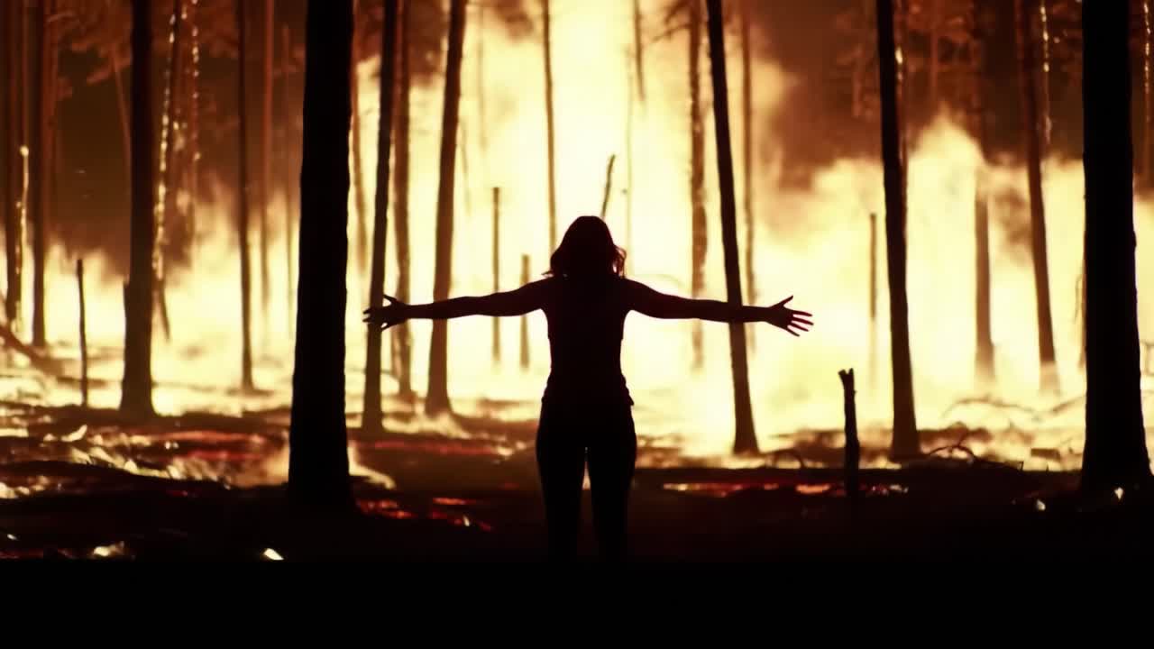 A Striking Contrast: A Silhouette Embraces Destruction Amidst a Raging Inferno in a Forest, Capturing the Essence of Nature's Ferocity and Human Resilience
