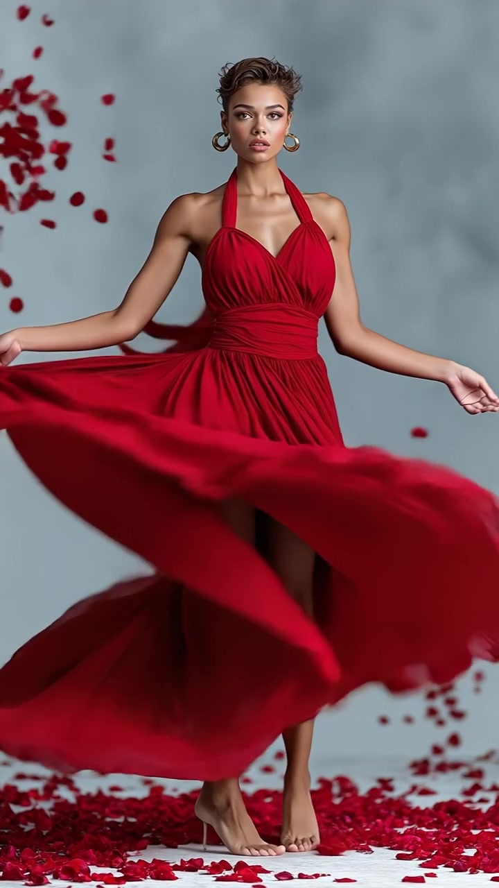 Giovane donna elegante in un abito rosso fluente in posa con petali di rosa che cadono in un ambiente da studio.