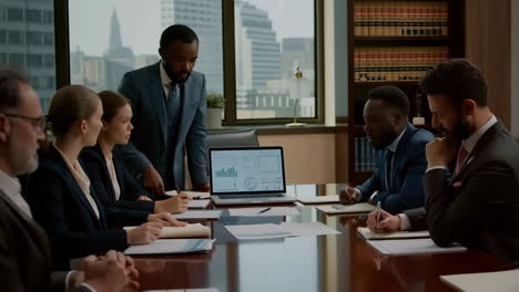 business team analyzing financial data in a meeting