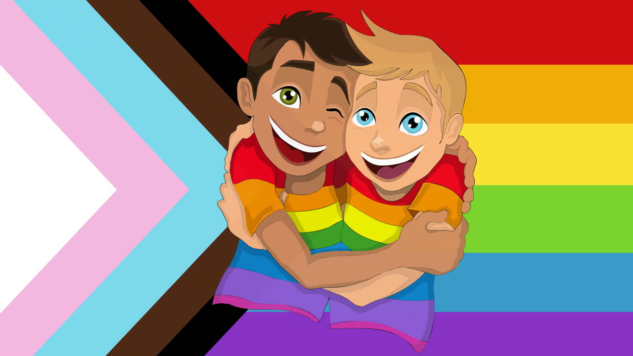 dos niños animados abrazándose, usando camisas arco iris sobre la animación de la bandera del orgullo