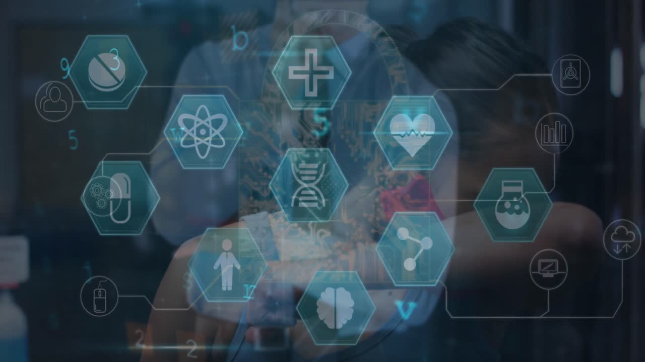 아이콘의 애니메이션과 바이러스 경고는 얼굴 마스크를 입은 피곤한 미인 여성에 대한 것입니다.