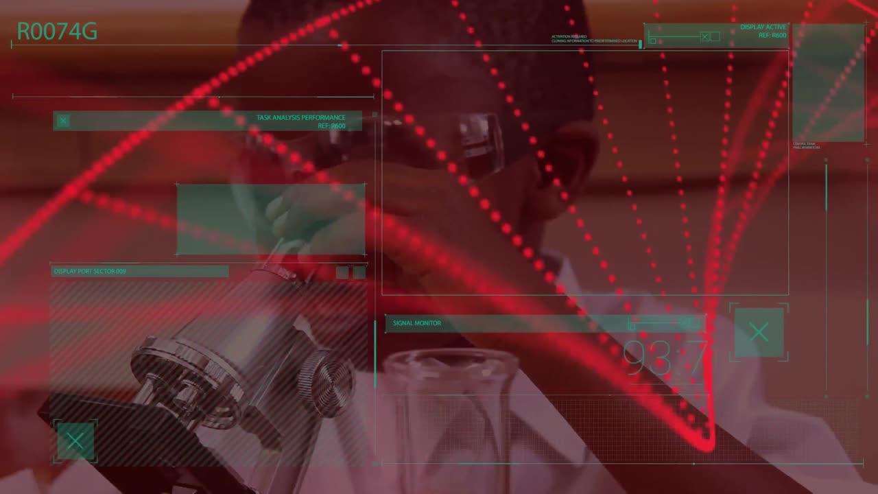 animación de procesamiento de datos y cadena de adn sobre un escolar afroamericano usando el microscopio.