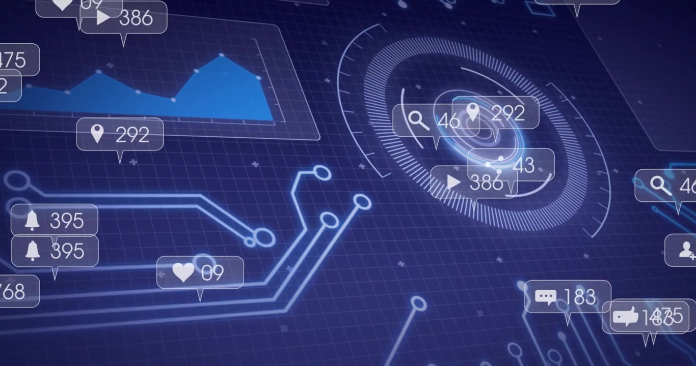 Opening on dark blue grid pulsing gauge chart shifting icons popping fading for showing metrics