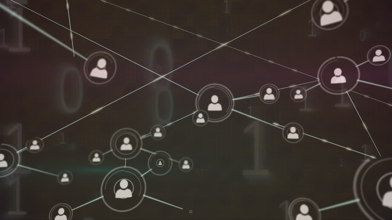 Animation of network of connections and binary code over black background