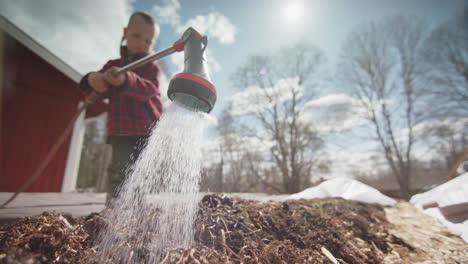 primer plano de cámara lenta - lechos de verduras regadas por un niño pequeño