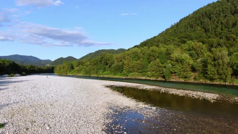 Amplio-Bosque-Verde-Al-Lado-Del-Lago,-Toma-De-Paisaje-De-Drones-De-Baja-Altitud,-Eslovenia