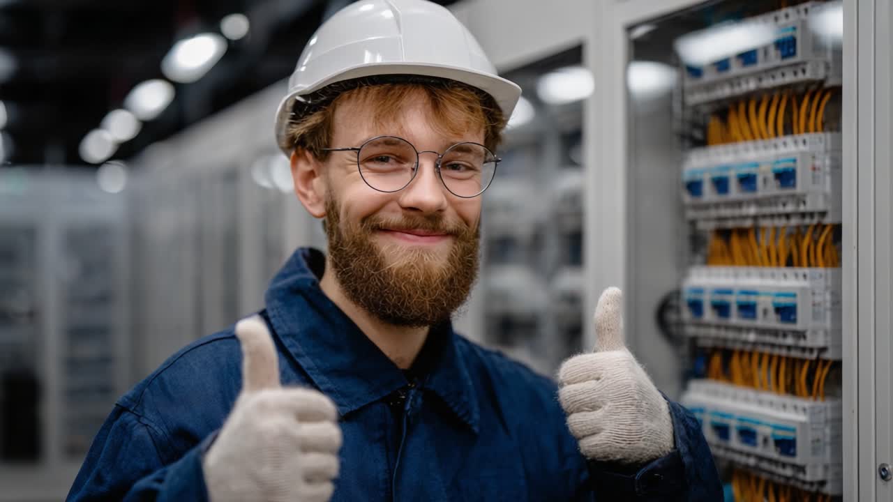 Um técnico alegre, vestindo roupa de trabalho, faz um sinal de positivo em uma sala de controle repleta de painéis elétricos, demonstrando profissionalismo e satisfação em seu ambiente de trabalho.